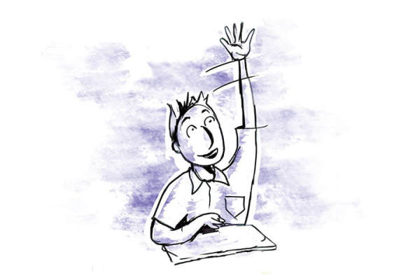 Student at desk with hand raised