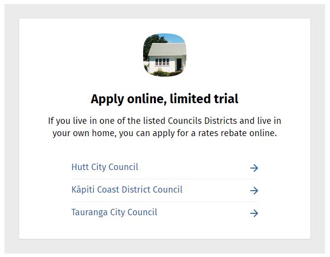 A screenshot showing the first screen of the trial of the online rates rebate application. A screenshot showing the first screen of the trial of the online rates rebate application.