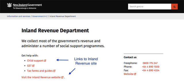 IRD new page Screenshot of revised Govt.nz directory page for Inland Revenue.