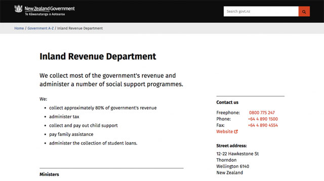 IRD old page Screenshot of old Govt.nz directory page for Inland Revenue.