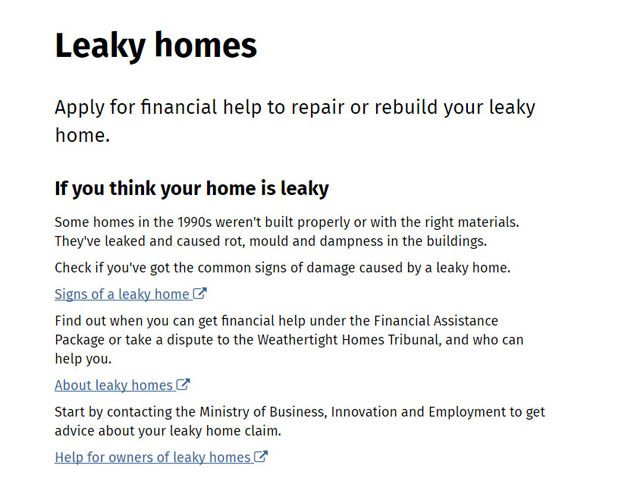 Signpost Page screenshot about leaky homes with sentences followed by a link.