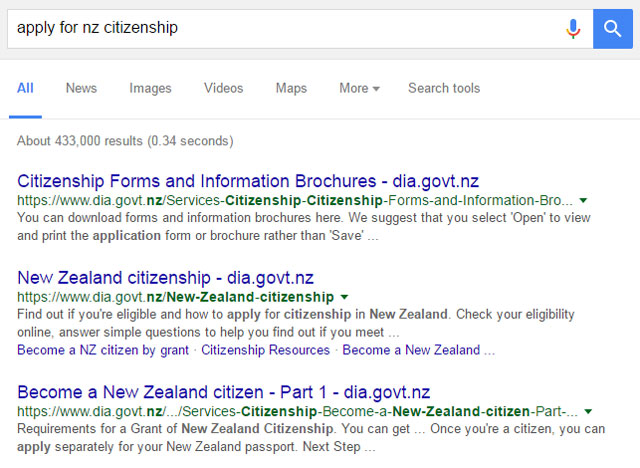 Google results for apply for citz Google search results showing no close matches for ‘apply for NZ citizenship’ in page titles.