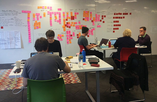 team The pilot team of five working on laptops next to a wall covered in post-it notes.