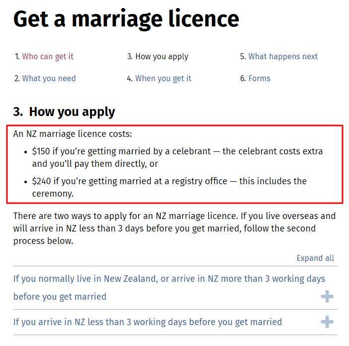 Screenshot of the top half of the get a marriage licence page on Govt.nz.
