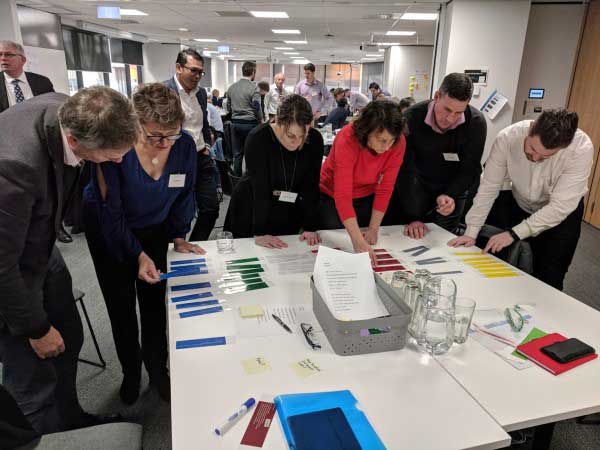 Ranking our procurement objectives A group of people stand around a table ranking information on cards.