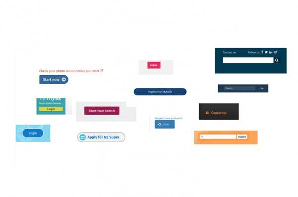 Gov onconsistencies of imagery Picture showing a wide range of styles for the same kind of button.