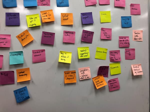 Workshop whiteboard post-it feedback Workshop whiteboard with post-it notes of suggestions. 