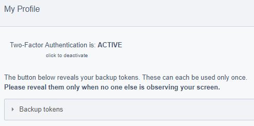 Screen shot showing two factor authentication is active